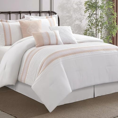 LANCO MODERN LIFESTYLE 7 Piece Comforter Set, Pink White, King Size, Boho Style Geometric Microfiber Embroidery, Bed in a Bag with Bedskirt, Pillow Shams and Decor Pillows