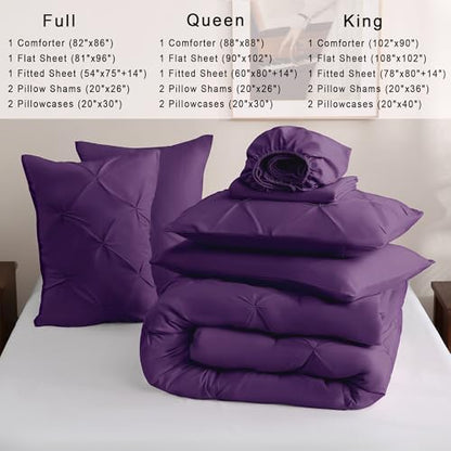 DOWNCOOL Full Size Comforter Sets, 7 Pieces Purple Pintuck Bed in a Bag