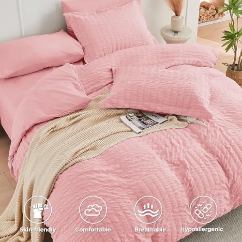 HYMOKEGE Rose Pink Twin Comforter Set Seersucker 5 Pieces, All Season Luxury Bed in a Bag for Bedroom, Bedding Set with Comforter, Sheets, Pillowcase & Sham