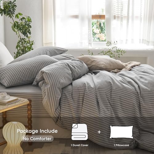 MooMee Striped Duvet Cover Set 100% Washed Cotton Linen Like Twin