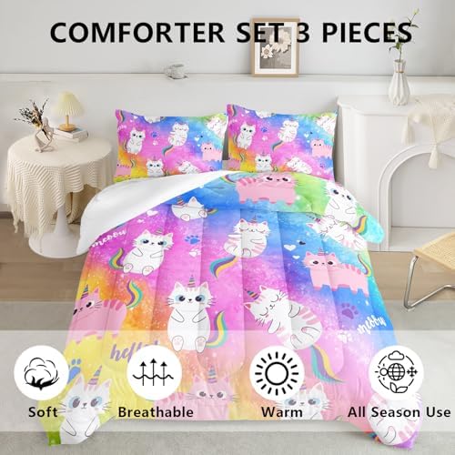 Axolotl Cat Bedding Comforter Set King,Cartoon Cat Bedding,Rainbow Gradient Printed Kids Bedding Set for Girls Adults Teens,Cute Kids Comforter All Season,1 Quilt 2 Pillow Cases,Colorful Pink Blue