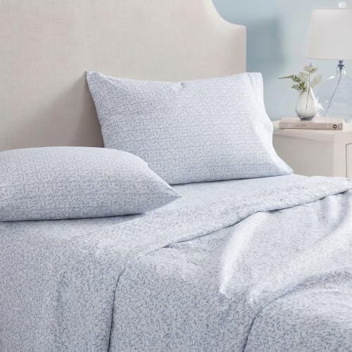 Martha Stewart - Full Sheet Set with Fitted Sheet & Pillowcases, Cotton Percale Bedding with a Smooth Feel, Deep Pocket, Leaves Blue