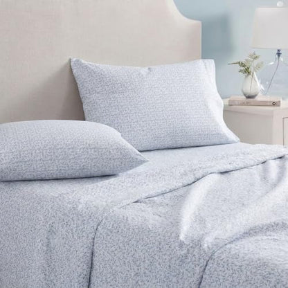 Martha Stewart - Full Sheet Set with Fitted Sheet & Pillowcases, Cotton Percale Bedding with a Smooth Feel, Deep Pocket, Leaves Blue