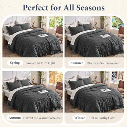 JOLLYVOGUE Oversized Queen Comforter Set, 3 Pieces Black Seersucker Comforters, Lightweight & Fluffy Bedding Sets for All Season with 1 Ruffle Comforter and 2 Ruffle Pillowshams