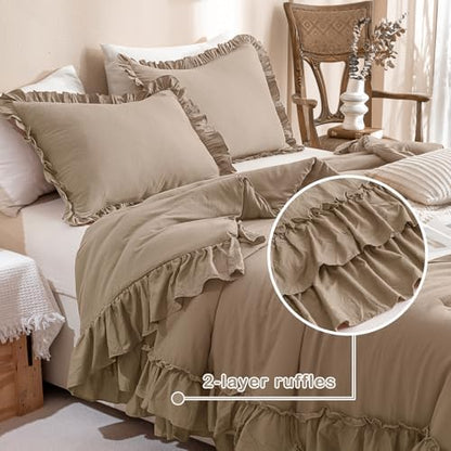 Masaca Ruffled Comforter Set for Queen Bed,3 Pieces Vintage Farmhouse Shabby Light Taupe Bedding Comforter Set Lightweight Ultra Soft French Country Bedding (1 Farmhouse Comforter +2 Pillowcases)