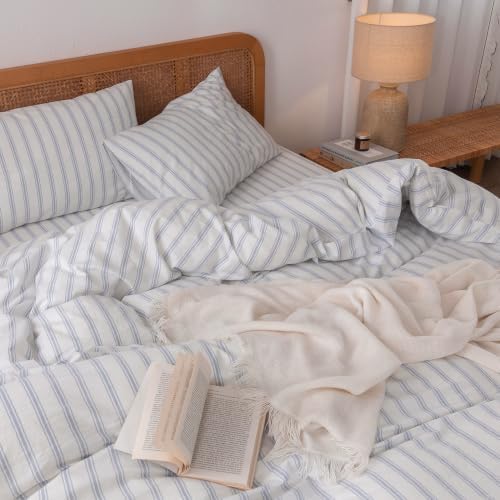 BESTOUCH Striped Cotton Duvet Cover Set Linen Feel Oversized King