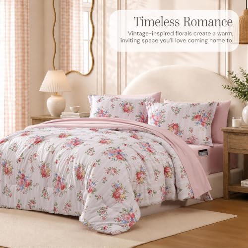 BLOOMHAVEN Twin XL Comforter Set-5 Pieces Pink Floral Bed in a Bag