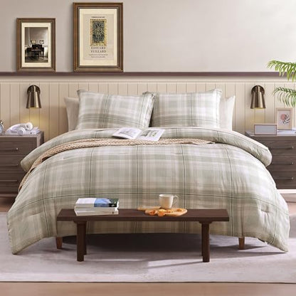 Plaid Twin XL Comforter Set Khaki Green 5 Pieces College Dorm Bed in a Bag