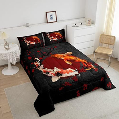 Koi Fish Kids Comforter Set Queen Size,Marine Animals Cherry Blossom Branch Romantic Bedding Set,Girls Boys Adults Xmas Decor,Japanese Ukiyo-e Down Comforter,Red Black Duvet Insert,2 Pillowcases