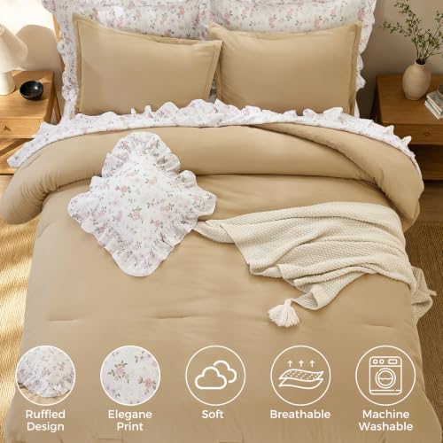 WONGS BEDDING 8PC Queen Comforter Set, Ruffle Comforter with Floral Sheets