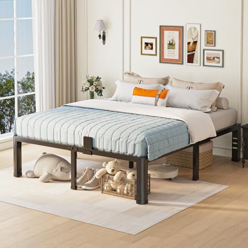 14 inch Full Size Bed Frame with Round Corner Legs and Headboard Hole Mattress Slide Stopper 3500 lbs Heavy Duty Metal Platform,Steel Slat Support,No Box Spring Needed,Easy Assembly,Noise Free