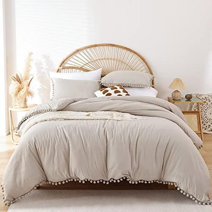 YIRDDEO King Size Comforter Set, Oatmeal Ball Pom Fringe Bedding Set 3 Pcs