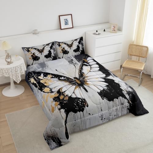 jejeloiu Butterfly Comforter Set King Size Kids Oil Painting Bedding Set for Boys Girls Teens Black White Duvet Breathable Animal Quilt Bedroom Decor,1 Comforter with 2 Pillowcase