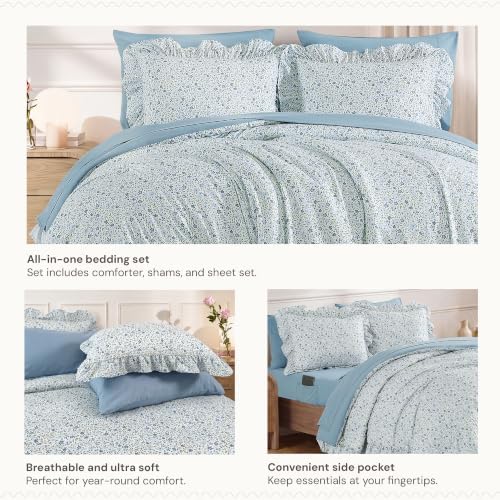 BLOOMHAVEN Queen Comforter Set-7 Pieces Floral Ruffle Bedding Set