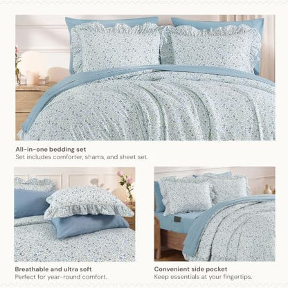 BLOOMHAVEN Full Size Comforter Sets-7 Pieces Floral Ruffle Bedding Set