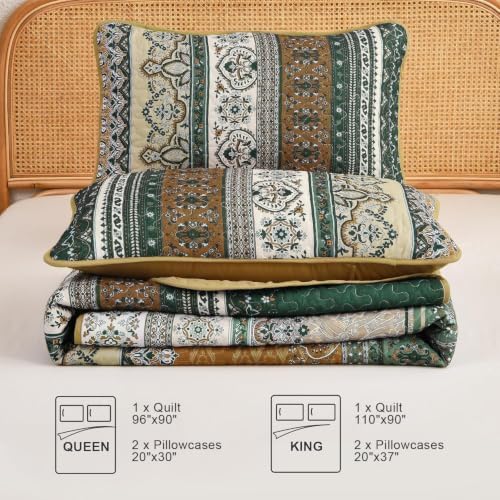 WONGS BEDDING Boho Quilt King Size,3 Pcs Bedspread Set, Brown Green