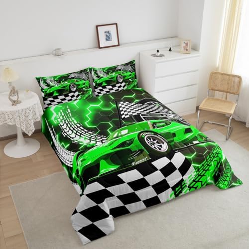 Toddler Race Car Bed for Boys,Green Neon Lights Honeycomb Bedding Set Cool Sports Car Glitter Beehive Geometric Hexagon Queen Comforter Set,Black White Grid Lattice Quilt Buffalo Plaid Decor