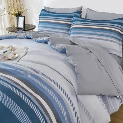 Dobuyly Grayish Blue Comforter Full Size Set 7 Pieces, Boho Striped Bed in a Bag Full Soft Microfiber All Season Grey Bedding Set with Comforter, Sheets, Pillowcases & Shams