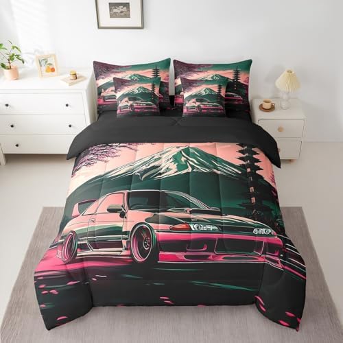 Feelyou Japanese Race Car Comforter Set with Sheets Queen Size Kids Speed Sports Car Cherry Blossoms 7 Pieces Bedding Set Boys Girls Racing Car Mount Fuji Bed in a Bag Extreme Sports Bed Set