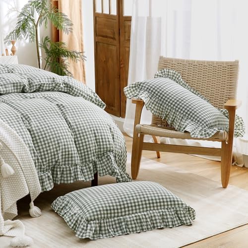 ATsense Green Gingham Ruffle Duvet Cover Set Cotton Like Linen, Twin