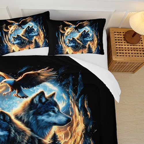 Moon Wolf Comforter Set Twin for Teen Boys Girls,Howling Wolves Comforter Forest Eagle Bed Set,Wild Animals Bedding Set for Kids Bedroom Decor,All Seasons