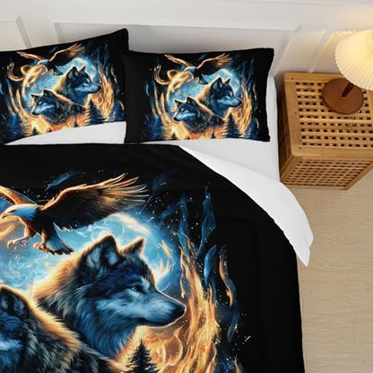 Moon Wolf Comforter Set Queen for Teen Boys Girls,Howling Wolves Comforter Forest Eagle Bed Set,Wild Animals Bedding Set for Kids Bedroom Decor,All Seasons