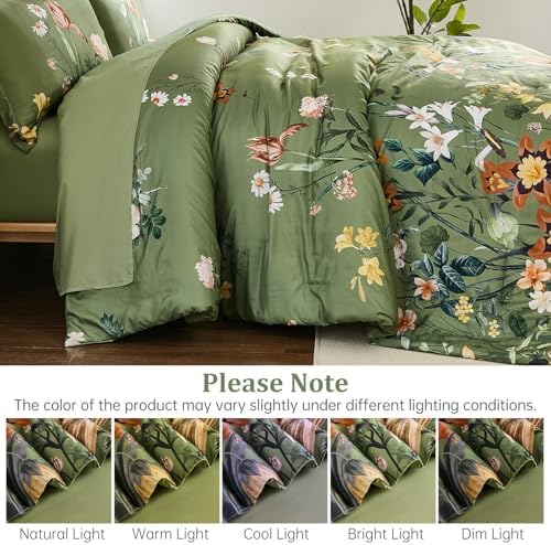 WONGS BEDDING Green Floral Comforter Set King 7 Piece Bedding