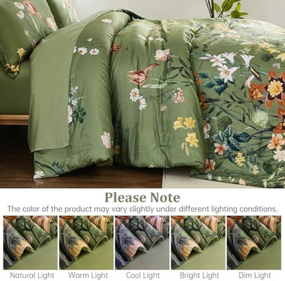 WONGS BEDDING Green Floral Comforter Set King 7 Piece Bedding