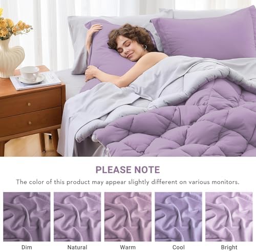 MUXHOMO 7 Pieces Queen Comforter Set, Reversible Bed in a Bag Queen Size, All Season Bedding Set with Comforter, Flat Sheet, Fitted Sheet, Pillowcases & Shams, Greyish Purple & Light Grey
