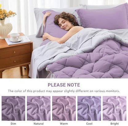 MUXHOMO 7 Pieces Queen Comforter Set, Reversible Bed in a Bag Queen Size, All Season Bedding Set with Comforter, Flat Sheet, Fitted Sheet, Pillowcases & Shams, Greyish Purple & Light Grey