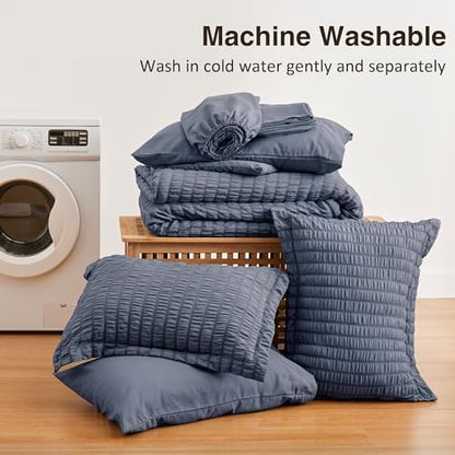 Love's cabin Seersucker Navy Blue Full Comforter Set