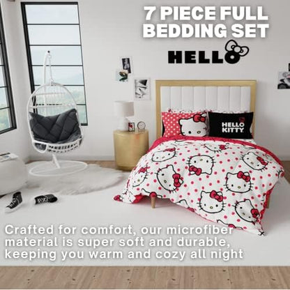 Hello Kitty Polka Dot Bedding 7 Piece Super Soft Comforter and Sheet Set with Sham, Full, (Official Licensed Product) by Franco Collectibles