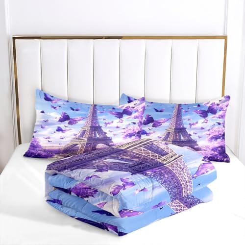CCoutueChen Paris Comforter Set King Size, Romantic Bedding with Purple Butterfly Floral Bedroom Decor, 3 Pcs 2 Pillowcases, 104"x90"