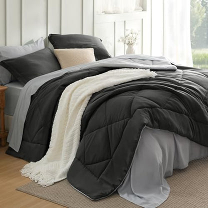 Bedsure Bed in a Bag King Reversible Bed Set 7 Pcs Charcoal Grey/Light Grey