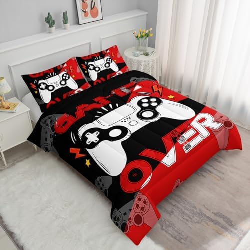Axolotl Gamer Comforter Set King, 3Pcs Gaming Gamepad Bedding for Men, Games Console Bedding for Adults Room, Video Game Controller Room Decor Gaming Bed Set 1 Comforter with 2 Pillowcases, Black Red