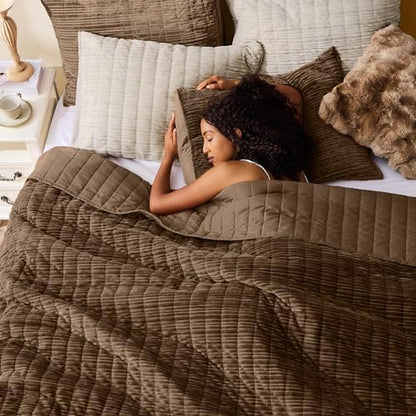 Wonderful Corduroy Texture Cocoa Brown Quilt Set Queen - Hypoallergenic Skin-Friendly Soft Plush Velvety Touch Bedspread, Classic Vertical Striped Lightweight Coverlet for All Season, 106"x94"