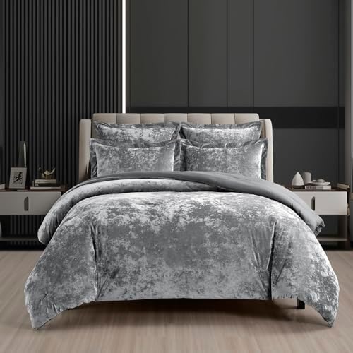 Fredsure Distressed Velvet Comforter Set, 5 Pieces Dark Grey King, Distressed Velvet Face and Brushed Microfiber Reverse