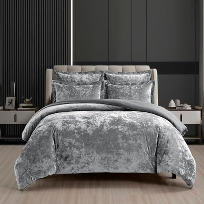 Fredsure Distressed Velvet Comforter Set, 5 Pieces Dark Grey King, Distressed Velvet Face and Brushed Microfiber Reverse