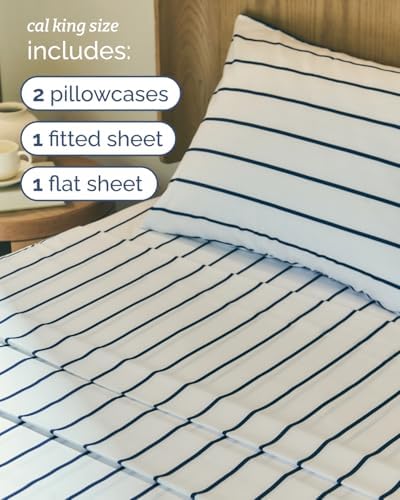 Cal King 4 Piece Striped Sheet Set - Breathable & Cooling - Navy Stripe