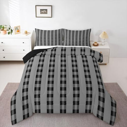 jejeloiu Black Plaid Bedding Set Soft for Boys Girls, Stripes Comforter Set King Size Check Checkered Duvet Quilt Microfiber Grid Geometric Bedroom Decor 3 Pcs with 2 Pillow Cases