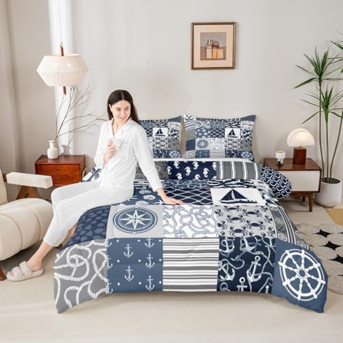 Castle Fairy Nautical Themed Checkered Bedding Comforter Twin Size Ocean Adventure Comforter Set for Kids Boys Teens,Navy Blue Rudder and Boat Anchor Quilted Duvet Patchwork Stripes Duvet Insert 2pcs