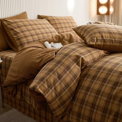 LifeTB Vintage Buffalo Plaid Duvet Cover Queen Size, Soft 100% Washed Cotton Gingham Bedding Set with Mustard Yellow&Brown Grid, Breathable Farmhouse Gingham Duvet Cover with 2 Pillowcases