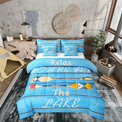 Erosebridal Lake Life Comforter Set Queen Size,Hawaii Boat Paddle Bedding Set for Kids Teens,Rustic Farmhouse (Comforter+Fitted+Flat Sheet+2 Pillowcases+2 Throw Pillow Covers) 7 Pieces Bed Set