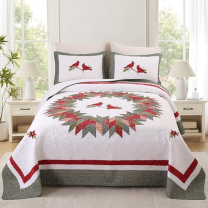 vctops 3 Pieces Christmas Cotton Quilted Quilt Set (Birds,Oversize Queen)