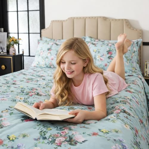 FADFAY Twin XL Size Sheet Set 4-Piece, 100% Cotton Mint Green Floral Bedding for College Dorm, Soft & Breathable Vintage Botanical Style, Deep Pocket Fitted Sheet, All-Season Cozy Bed Sheet Set