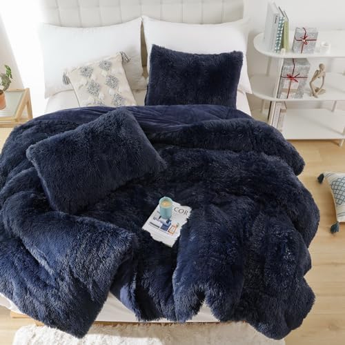 Smoofy Fluffy King Size Comforter Set Navy Blue Faux Fur Comforter Set 3Pcs