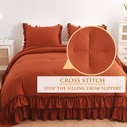 Masaca Terracotta Ruffled Comforter King Size,Shabby Burnt Orange Chic Farmhouse Bedding Lightweight Fluffy Ruffle Bed Comforter Aesthetic Rustic Bed Set 3 Pieces