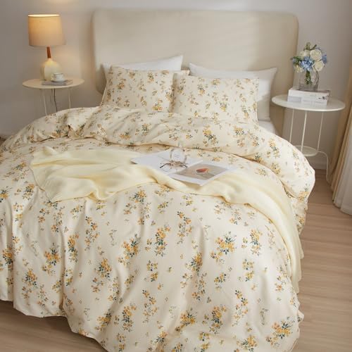 Vintage Yellow Flower Comforter Set Queen Fluffy Soft Floral Bedding Comforter Boho Flower Leaves Botanical Comforter Cottagecore Bedding Set Aesthetic Floral Comforter Set Queen Size for All Season