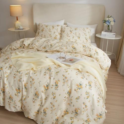 Vintage Yellow Flower Comforter Set Queen Fluffy Soft Floral Bedding Comforter Boho Flower Leaves Botanical Comforter Cottagecore Bedding Set Aesthetic Floral Comforter Set Queen Size for All Season