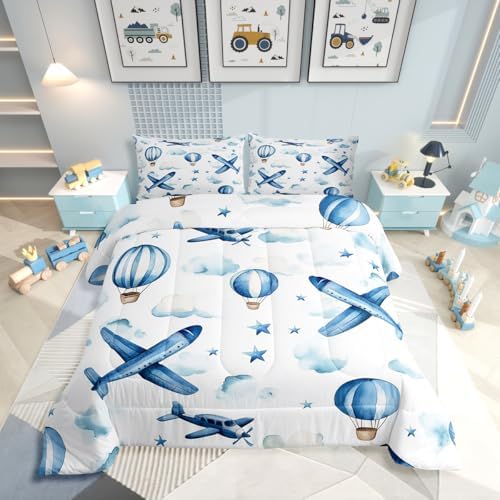Erosebridal Cartoon Aircraft Queen Comforter Set for Boys, Dreamy Hot Air Balloon Bedding Set, Blue White Clouds Comforter for Kids Teens Girls Adults Bedroom, Airplane Star Print Quilt